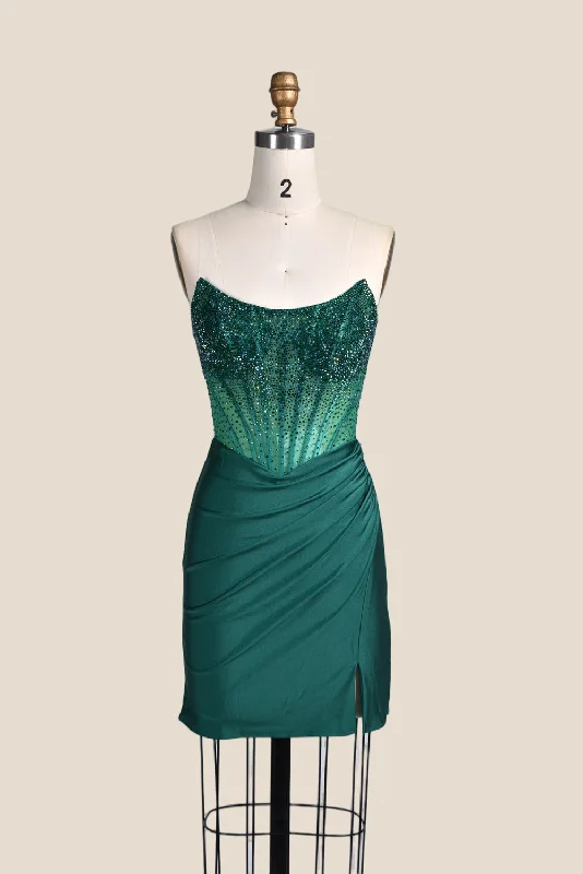 Strapless Emerald Green Beaded Tight Short Dress Classic Black Bodycon