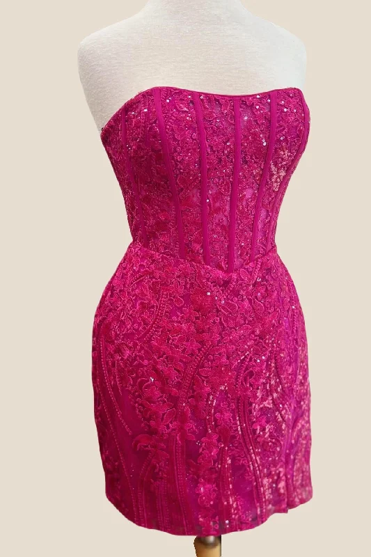 Strapless Raspberry Appliques Bodycon Short Dress Black Bodycon Dress