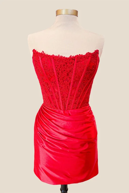 Strapless Red Lace and Satin Ruched Tight Dress Lace Bodycon Dress