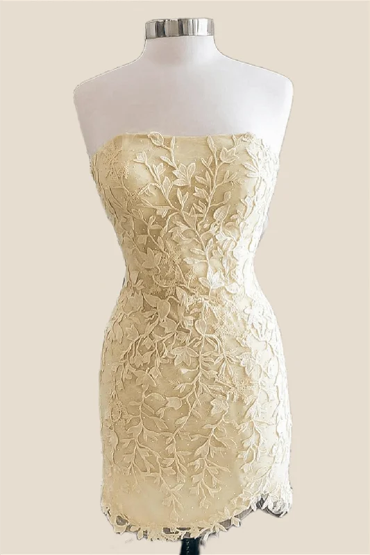 Strapless Yellow Lace Beaded Tight Short Dress Bodycon Dress Classic