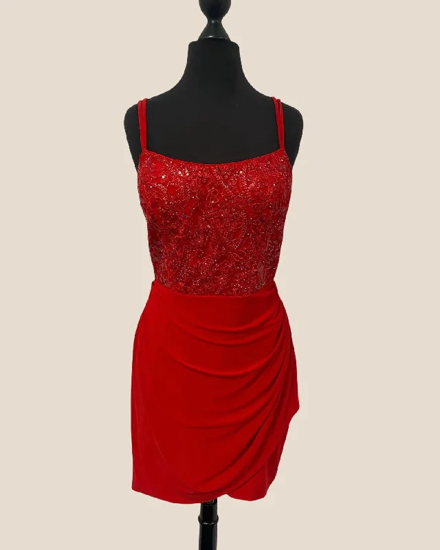 Straps Red Appliques Ruched Bodycon Short Dress Elegant Bodycon Dress