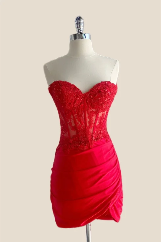 Sweetheart Red Appliques Ruched Tight Short Dress Form-fitting Bodycon Dress