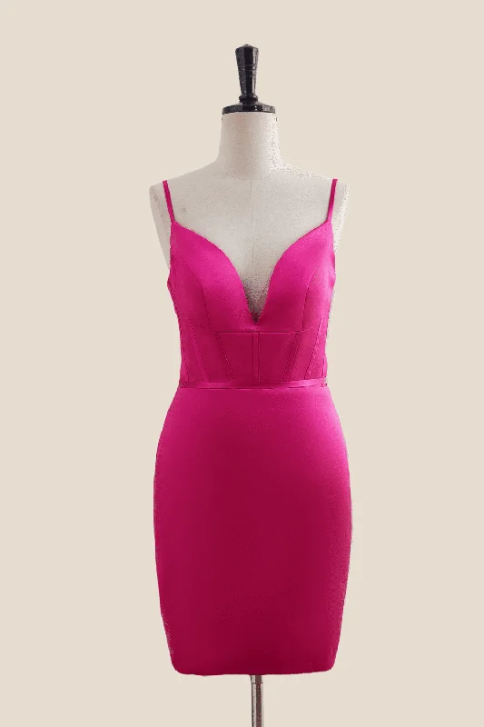 V Neck Hot Pink Ruched Bodycon Short Dress Figure-hugging Bodycon Dress