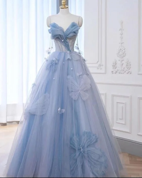 A-Line Blue Tulle Long Prom Dress, Blue Tulle Formal Dress Y6774 Tulle Dress Vibe