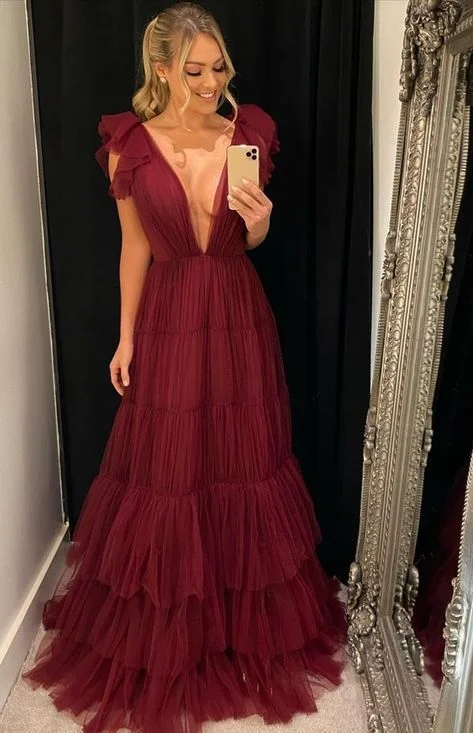 A-line Deep V Neck Tulle Evening Dress Y5931 Tulle Dress Fluffy