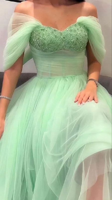 A-Line Mint Green Beaded Tulle Long Prom Dress Y6556 Romantic Tulle Dress