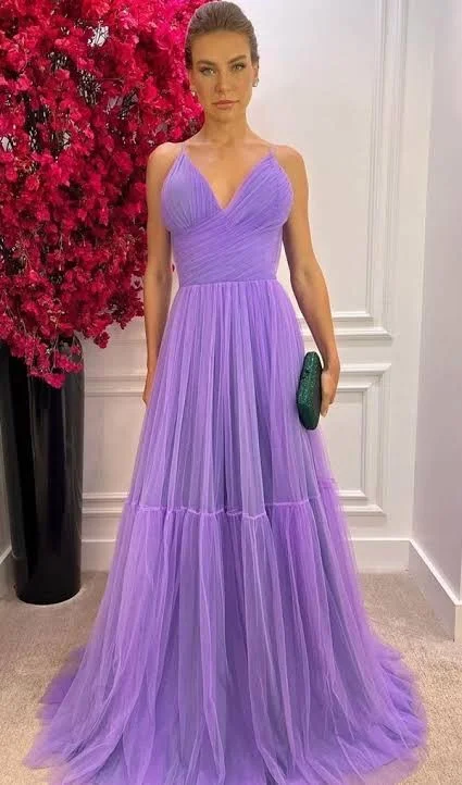 A-line V Neck Purple Tulle Prom Dress,Purple Evening Dress Y6168 Sweet Tulle Dress