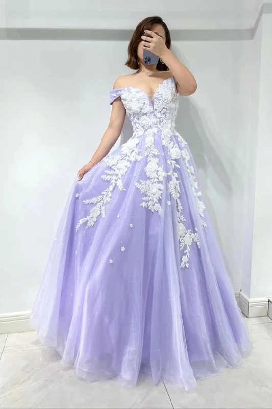 Amazing Lilac Sweetheart Off-The-Shoulder Tulle Evening Dress With Appliques Y5842 Tulle Dress Charm