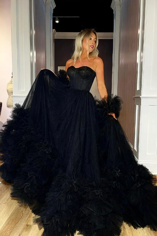 Black Strapless Tulle Long Ball Gown, A-Line Evening Dress Y1797 Pleated Tulle Dress