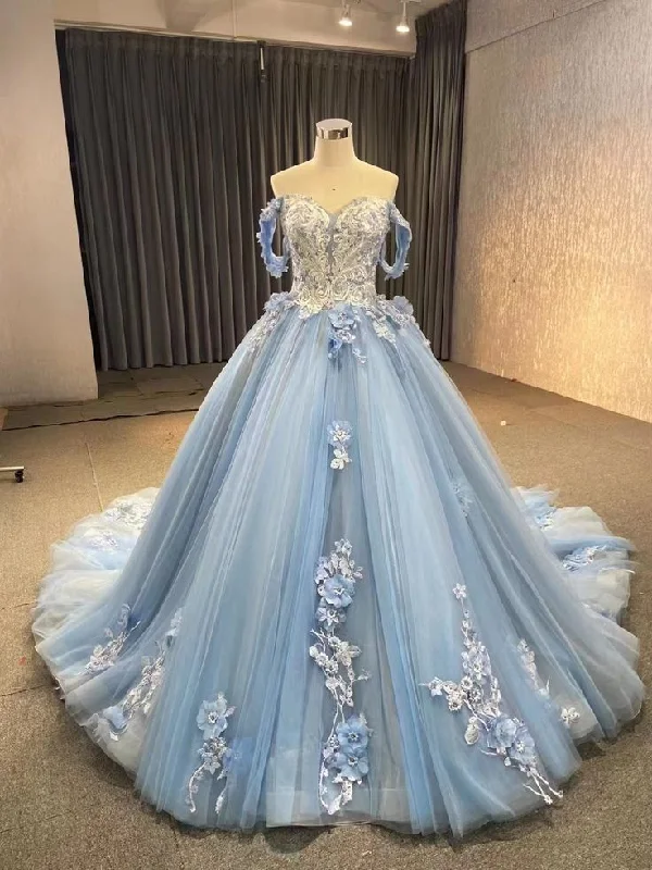 Blue Off The Shoulder Lace Tulle Ball Gown,Sweet 16 Dress Y6855 Tulle Dress Soft