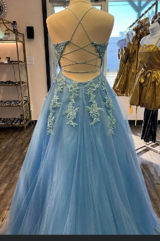 Blue Tulle Appliques Lace-Up Back A-Line Prom Dress Y6584 Elegant Tulle Dress