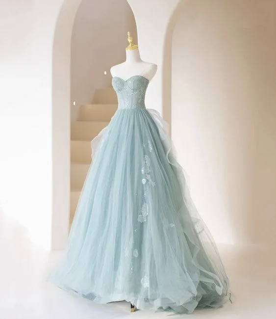 Cute Tulle Lace Long Prom Dress A Line Evening Dress Y5832 Blue Tulle Dress