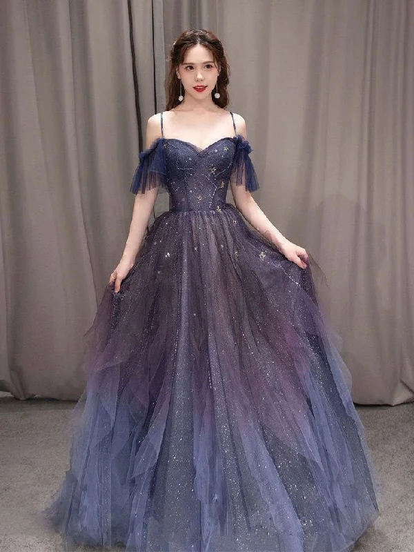 Dark starry sky purple tulle long prom dress purple evening dress Y5847 Tulle Dress Sparkly