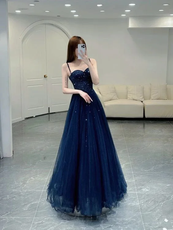 Elegant A line Straps Tulle Navy Blue Prom Dresses Formal Evening Dress Y6776 Stylish Tulle Dress