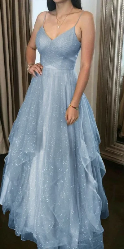 Elegant Blue Spaghetti Straps V-neck Tulle Long Prom Dresses Y6806 Boho Tulle Dress