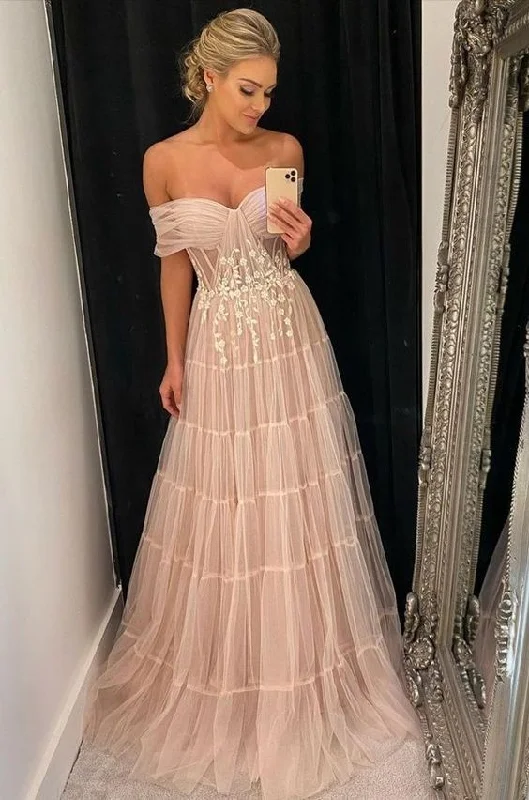 Elegant Off The Shoulder Pink Tulle Prom Dress,Pink Formal Gown Y7058 White Tulle Dress