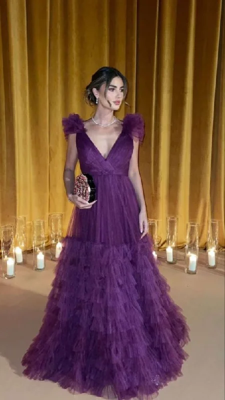 Elegant Purple A-line V Neck Tulle Evening Dress Y5633 Tulle Dress Set