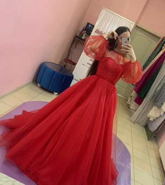 Elegant Red A-line Tulle Prom Dress,Red Formal Dress Y7194 Glitter Tulle Dress