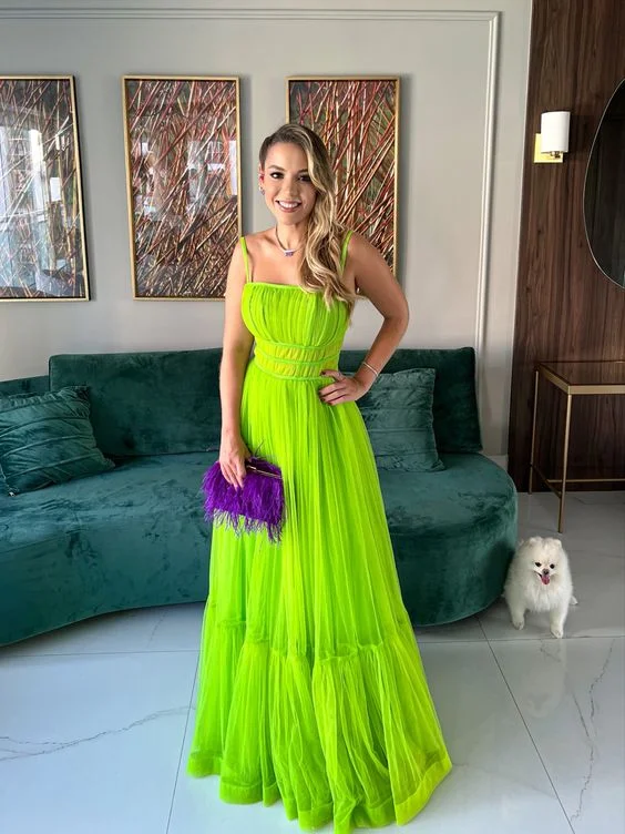 Green A-line Spaghetti Straps Tulle Prom Dress,Green Evening Dress  Y5595 Tulle Dress Dream