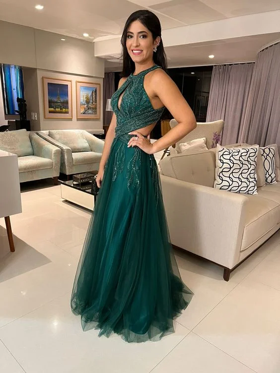 Green A-line Tulle Evening Dress,Green Prom Gown Y5650 Tulle Dress Chic