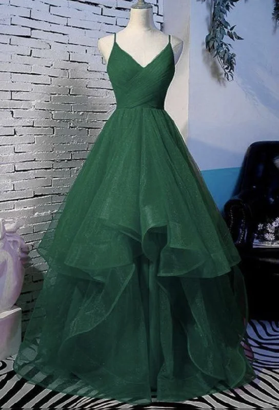 Green A-Line V-Neck Glitter Pleated Long Tulle Prom Dress/Evening Dress Y6440 Tulle Dress Shine