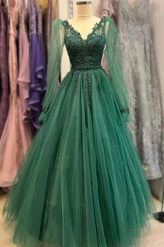 Green tulle beads V Neck long Sleeve prom dress green evening dress Y6811 Tulle Maxi Dress