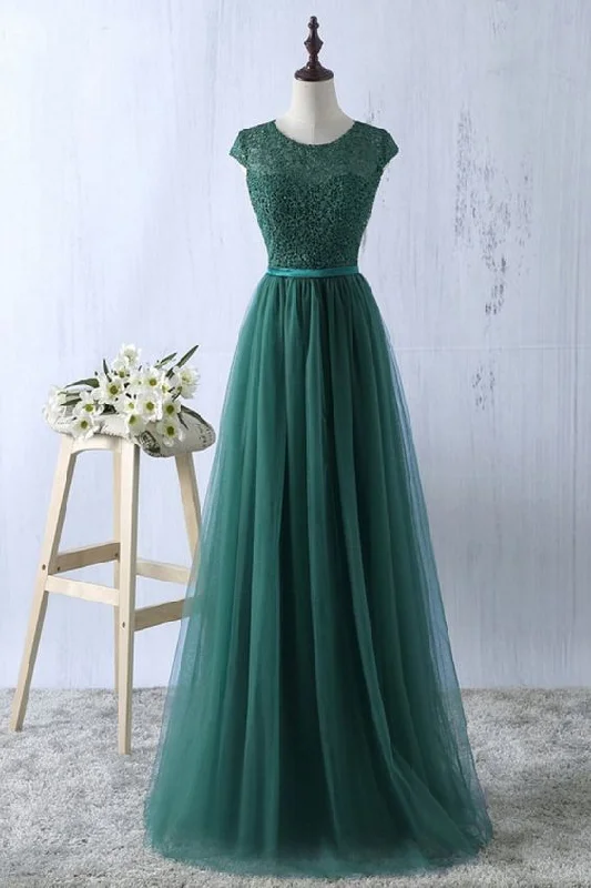 Green tulle lace top round neck long evening dresses ,simple formal dress S6796 Tulle Dress Blush