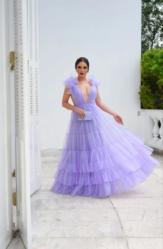 Lavender Deep V Neck Tulle Prom Dress,Lavender Evening Dress Y6185 Lace Tulle Dress