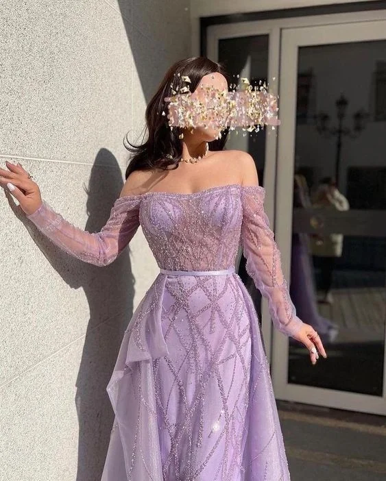 Lilac Off-The-Shoulder Long Sleeves Tulle Prom Dress Mermaid With Beads Y6716 Tulle Bridesmaid Dress