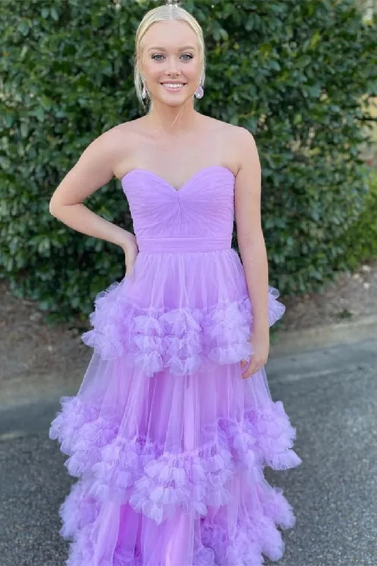 Lilac Sweetheart Tulle Long Prom Dress with Ruffles, A Line Floor Length Formal Gown Y6376 Tulle Wedding Gown