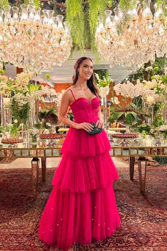 Lovely A-Line V Neck Neck Hot Pink Tulle Tiered Long Prom Dress Y6796 Tulle Dress Set