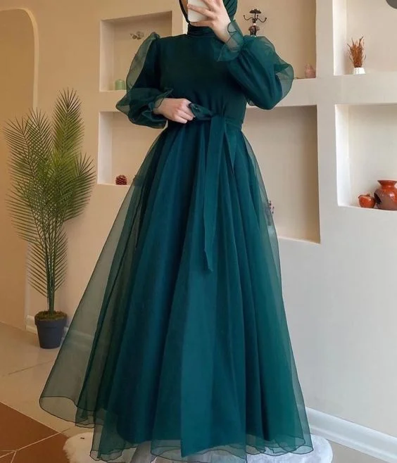 Modest A-line Long Sleeves Tulle Prom Dress,Muslim Dress Y6969 Tulle Evening Gown