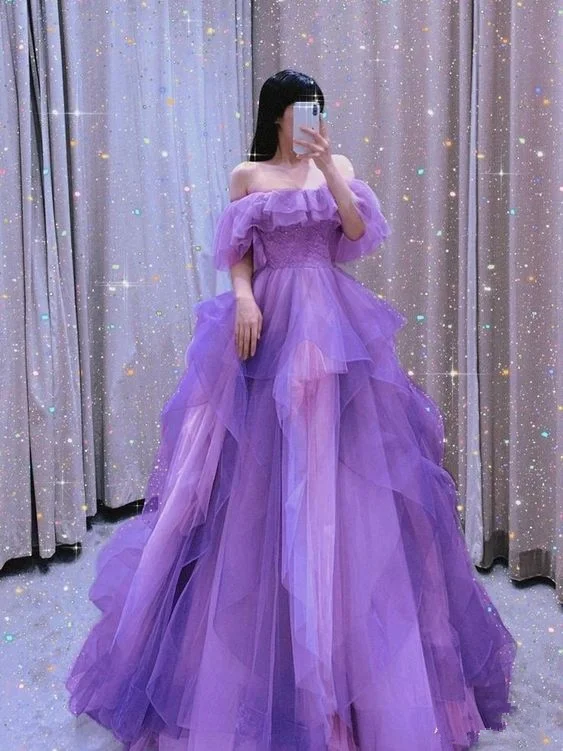 Off The Shoulder Purple A-line Tulle Evening Dress,Princess Dress Y5627 Tulle Dress Fashion