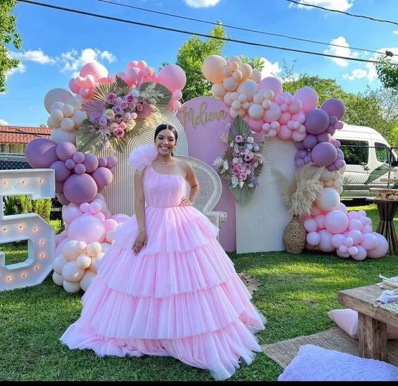 Pink A-line Tiered Tulle Ball Gown,Pink Sweet 16 Dress Y6957 Tulle Dress Blush