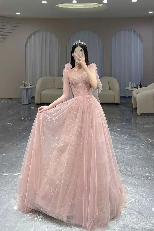 Pink A-Line Tulle Long Prom Dress, Cute Pink Graduation Dress Y7009 Tulle Dress Formal