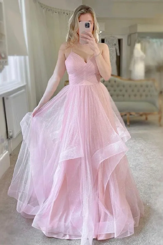 Pink Tulle Long Prom Dresses, Sweet A-Line Evening Dresses Y6591 Classic Tulle Dress