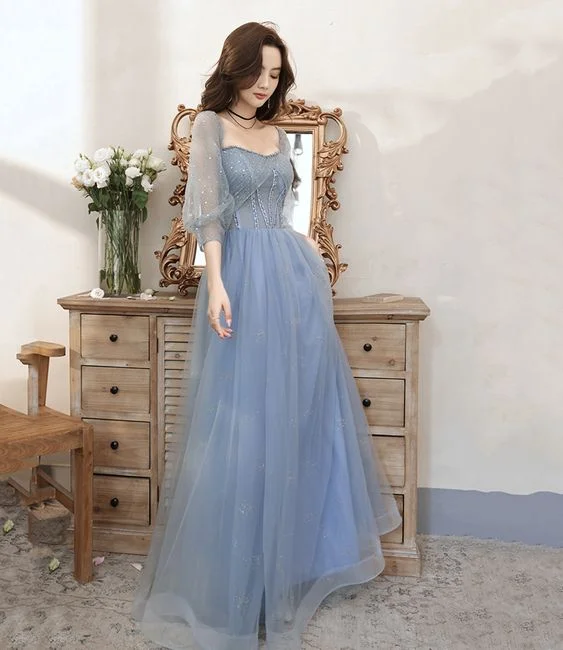 Blue tulle beaded long prom dress blue evening dress Y5835 Tulle Dress Simple