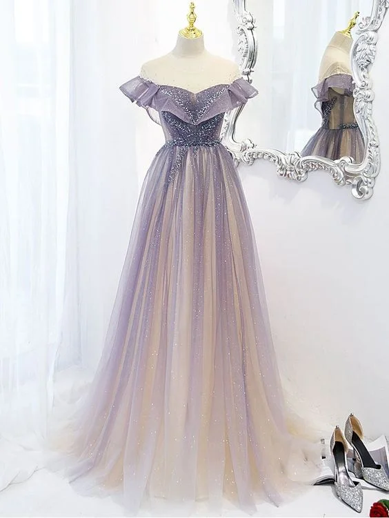 Purple A-line Prom Dresses for Women Tulle Long Evening Dresses Y5838 Boho Chic Tulle