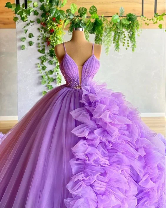 Purple A-line V Neck Tulle Ball Gown,Purple Princess Dress,Fairy Dress Y6590 Tulle Lace Gown