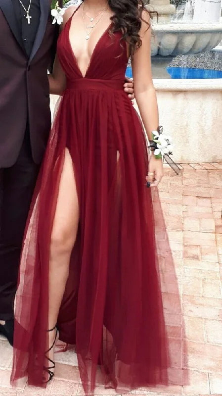 Sexy Burgundy V Neck A-line Tulle Prom Dress,Senior Prom Gown Y7071 Soft Tulle Dress