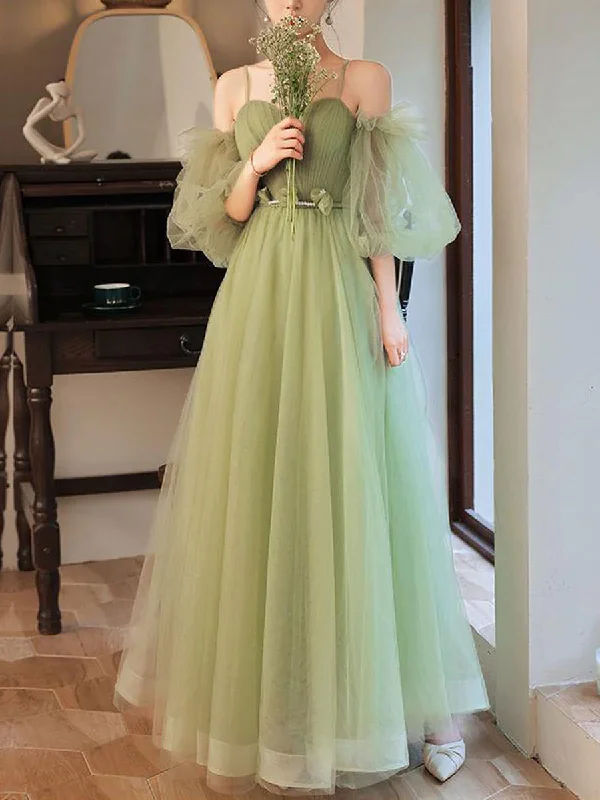 Simple A line Green Long Prom Dress, Green Tulle Bridesmaid Dress Y6986 Tulle Dress Puff