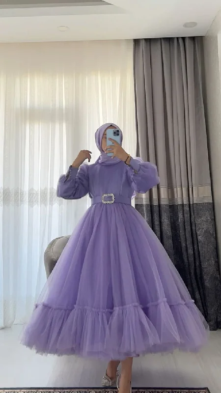 Simple Purple A-line Puffy Tulle Prom Dress,Purple Muslim Dress Y6977 A-line Tulle Dress