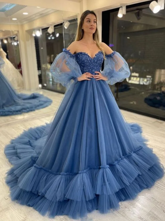 Sweetheart Neck Tulle Blue Prom Dress, Puff Sleeves Long Blue Formal Evening Dress Y6172 Tulle Dress Sparkling