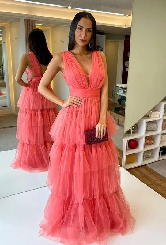 Tulle V Neck Long Prom Dress Backless Rustic Evening Dress Y5448 Tulle Dress Flare