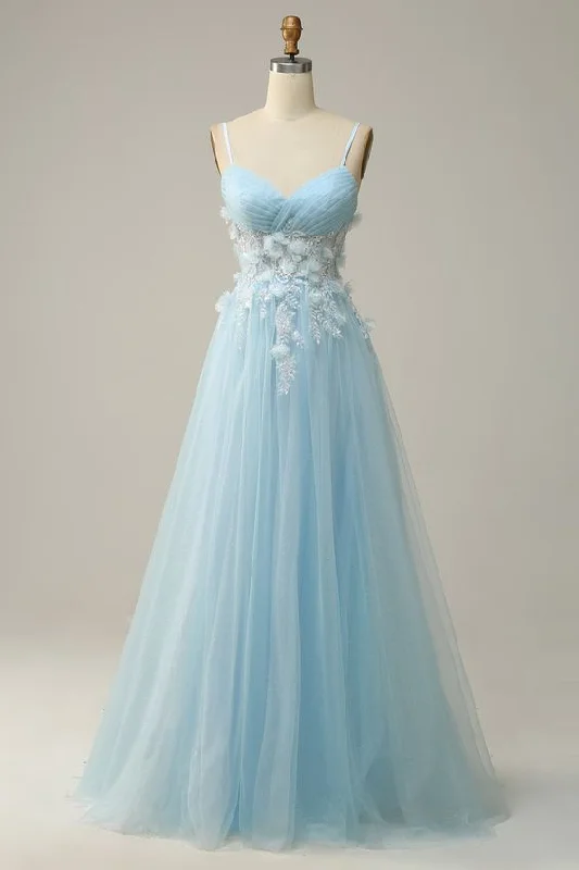 Women Sky Blue Spaghetti Straps A Line Tulle Long Prom Dress Y7032 Tulle Dress Fashion