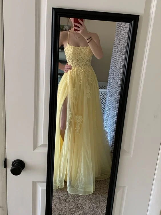 Yellow A-line Tulle Appliques Prom Dress,Yellow Dance Dress Y6459 Off-shoulder Tulle Dress